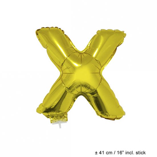 Metallic folie ballon letter X goud 40 cm op stokje - Klik op de afbeelding om het venster te sluiten