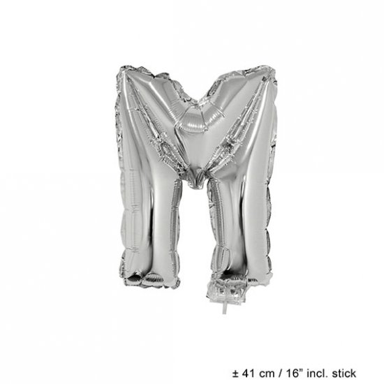 Metallic folie ballon letter M zilver 40 cm op stokje - Klik op de afbeelding om het venster te sluiten