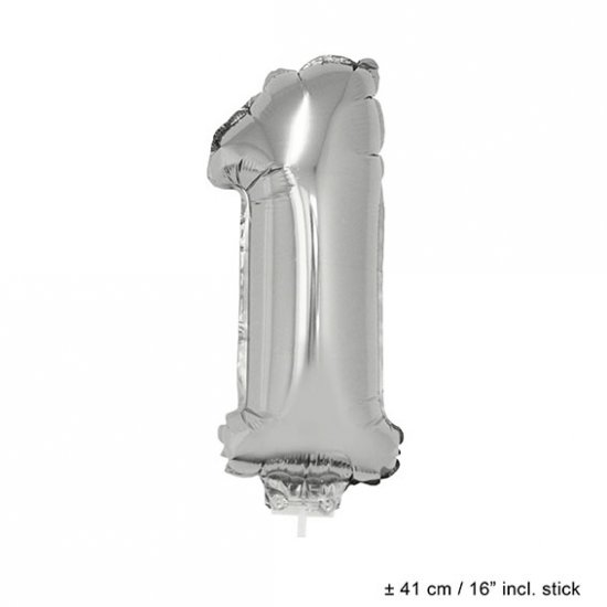 Metallic folie ballon cijfer 1 zilver 40 cm op stokje - Klik op de afbeelding om het venster te sluiten