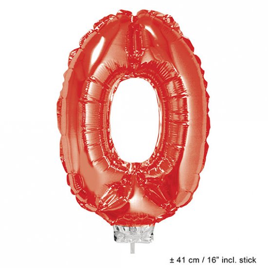 Metallic folie ballon cijfer 0 rood 40 cm op stokje - Klik op de afbeelding om het venster te sluiten