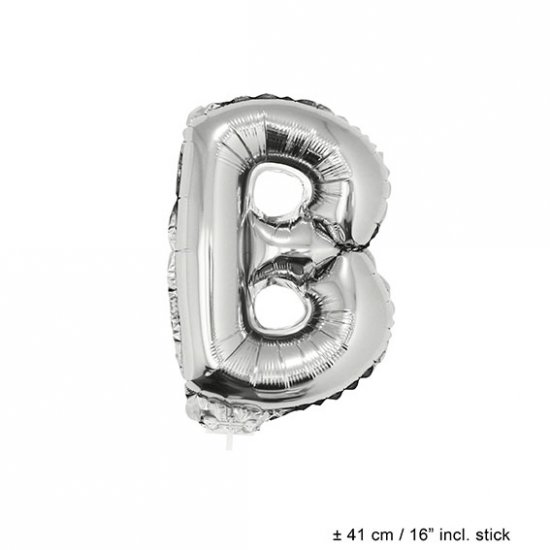 Metallic folie ballon letter B zilver 40 cm op stokje - Klik op de afbeelding om het venster te sluiten