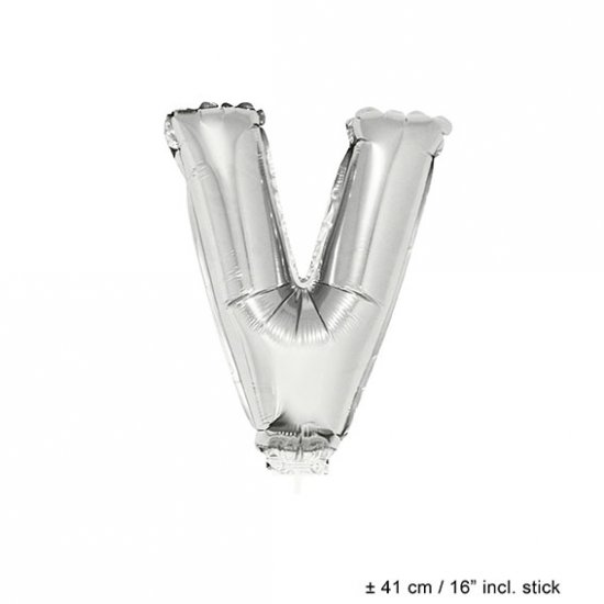 Metallic folie ballon letter V zilver 40 cm op stokje - Klik op de afbeelding om het venster te sluiten