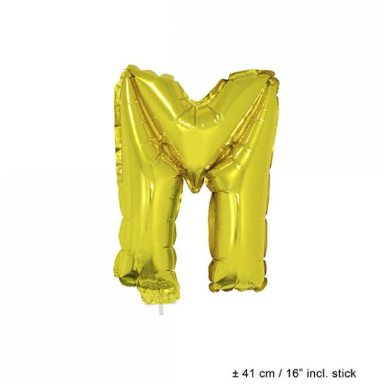 Metallic folie ballon letter M goud 40 cm op stokje - Klik op de afbeelding om het venster te sluiten