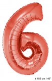 Metallic folie ballon cijfer 6 rood 102 cm