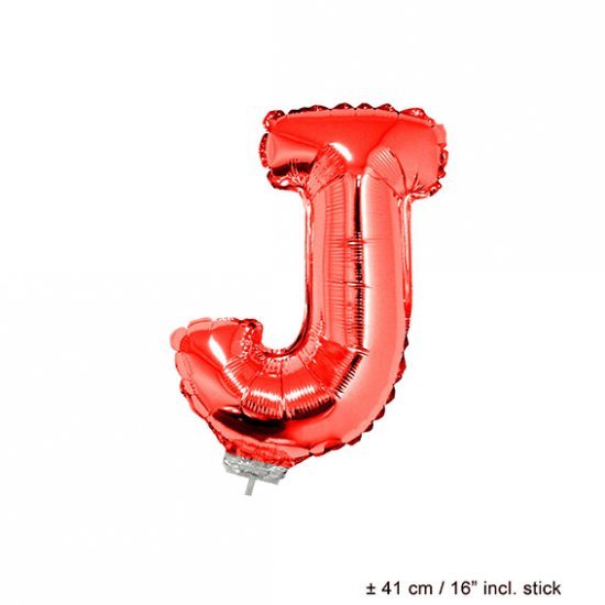 Metallic folie ballon letter J rood 40 cm op stokje - Klik op de afbeelding om het venster te sluiten