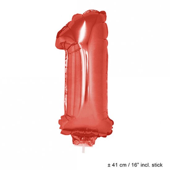 Metallic folie ballon cijfer 1 rood 40 cm op stokje - Klik op de afbeelding om het venster te sluiten