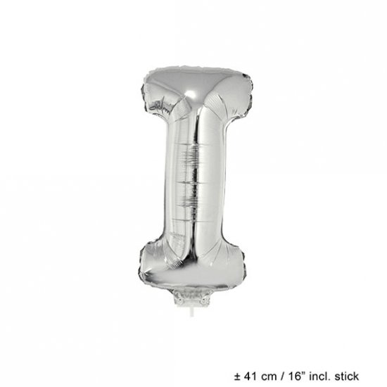 Metallic folie ballon letter I zilver 40 cm op stokje - Klik op de afbeelding om het venster te sluiten