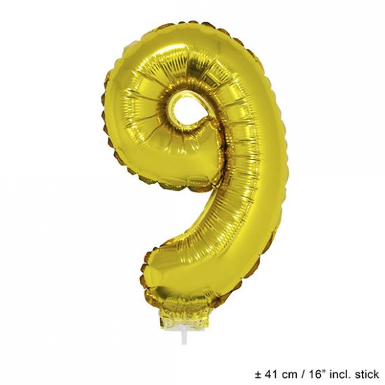 Metallic folie ballon cijfer 9 goud 40 cm op stokje - Klik op de afbeelding om het venster te sluiten