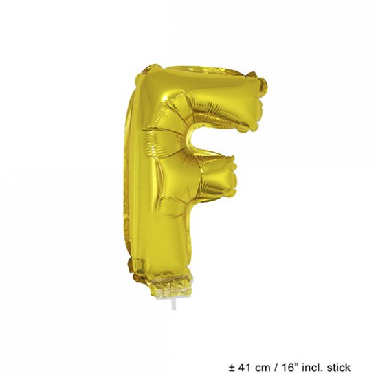 Metallic folie ballon letter F goud 40 cm op stokje - Klik op de afbeelding om het venster te sluiten