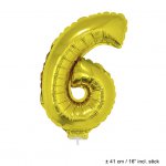 Metallic folie ballon cijfer 6 goud 40 cm op stokje