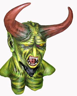 Rood / Groen achtig duivel masker met grote hoorns. - Klik op de afbeelding om het venster te sluiten